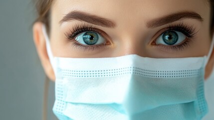 Canvas Print - A woman with blue eyes wearing a surgical mask, AI