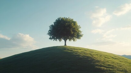 Sticker - Minimalist shot of a single tree on a hill, with soft light and gentle shadows creating a serene, timeless landscape, capturing the beauty of simplicity in nature, 4K hyperrealistic photo.