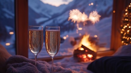 New Yearâ€™s Eve celebration in a snowy mountain cabin, with a cozy fire, champagne glasses, and fireworks in the distance. 4K hyperrealistic photo.