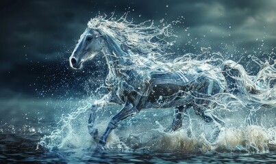 a monster, horse made with water, blue and transparent body, dynamic movement, intense effect, water splash, intense angle