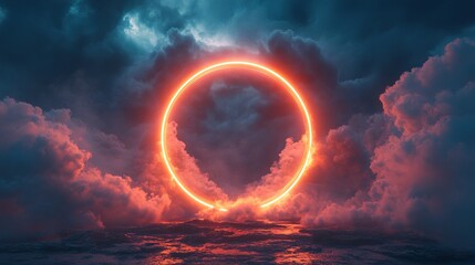 Wall Mural - , abstract cloud illuminated with neon light ring on dark night sky. Glowing geometric shape, round frame
