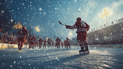 Ice hockey team celebrating a goal on an outdoor rink, with snowflakes falling and a festive crowd in the background. 4K hyperrealistic photo.