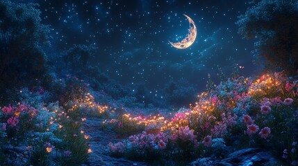 Wall Mural - Under a brilliant starry sky, this enchanting image captures a beautiful garden filled with blossoming flowers, illuminated by the gentle glow of the moon and stars.