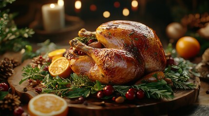 Preparing a holiday roast turkey with golden brown skin, surrounded by fresh herbs, oranges, and cranberries. 4K hyperrealistic photo.