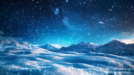 Wall Mural - Snowy landscape with distant mountains under a clear, star-filled sky, with the snow reflecting the faint light of the stars. 4K hyperrealistic photo.