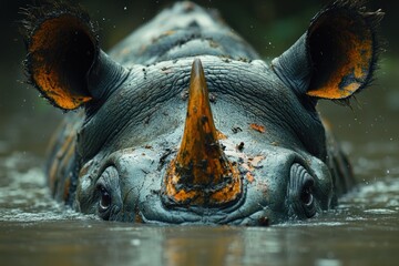 Wall Mural - Closeup of a Rhino Emerging from the Water