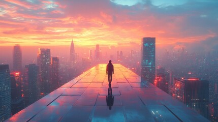 Canvas Print - Silhouette of a Man Walking on a Skybridge over a City Skyline at Sunset