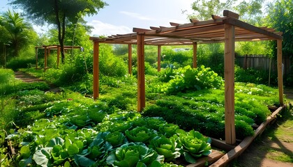 Wall Mural - Vibrant vegetable garden featuring raised wooden beds amidst a variety of flourishing green plants basking in natural sunlight