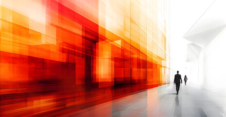 Wall Mural - a man walks down a long, empty hallway with a red and white background