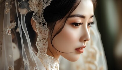 Wall Mural - Elegant side profile of traditional Asian bride showcasing intricate veil and exquisite makeup