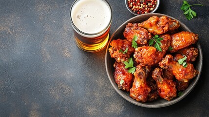 Buffalo style chicken wings served with cold beer, top view with copy space