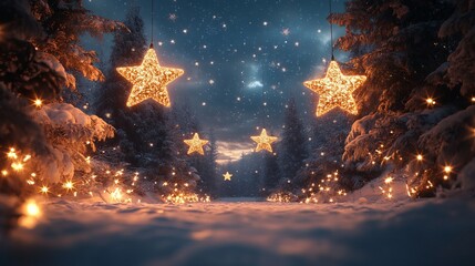 Wall Mural - Christmas stars hanging in the night sky, casting a soft, magical glow over a snow-covered landscape, creating a serene holiday scene. 4K hyperrealistic photo.