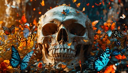 Wall Mural - A human skull is adorned with an array of colorful butterflies in a forest setting, blending elements of life and death in a surreal and captivating scene. Perfect for themes of nature, mysticism, and