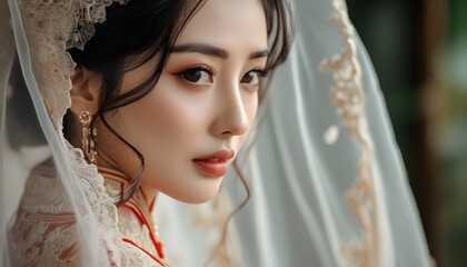 Elegant side profile of traditional Asian bride showcasing intricate veil and exquisite makeup