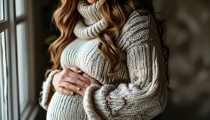 Canvas Print - Intimate portrait of expecting mother in cozy knit sweater cradling her baby bump