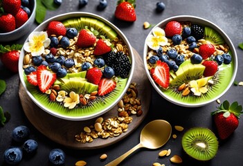 vibrant smoothie bowls decorated colorful toppings textures featuring fresh edible flowers, colors, 