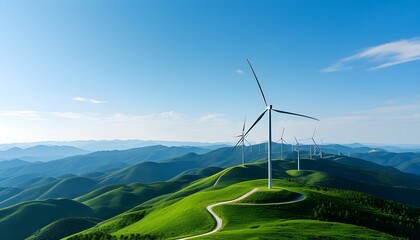 Wall Mural - Sustainable energy landscape of wind turbines atop lush green hills with majestic mountains beneath a bright blue sky