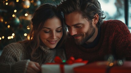 Couple exchanging gifts by the tree, their faces glowing with love and gratitude as they unwrap thoughtful presents. 4K hyperrealistic photo.