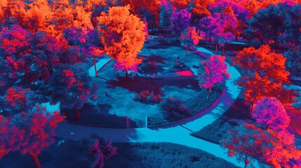 Wall Mural - Heatmap of an urban park, with intense reds and oranges marking the most visited areas and cooler blues in the more peaceful, secluded spots. 4K hyperrealistic photo.