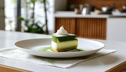 Modern kitchen showcase of matcha green tea cake adorned with coconut flakes and creamy white frosting on a pristine white plate