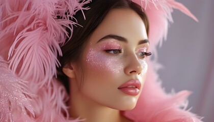 Wall Mural - Avant-garde woman adorned with glitter makeup and pink feathers highlighted against a soft, dreamy background