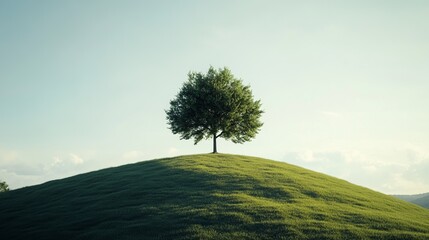 Minimalist shot of a single tree on a hill, with soft light and gentle shadows creating a serene, timeless landscape, capturing the beauty of simplicity in nature, 4K hyperrealistic photo.