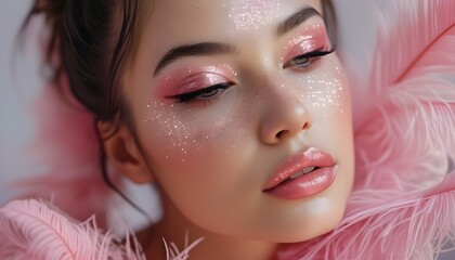 Wall Mural - Avant-garde woman adorned with glitter makeup and pink feathers highlighted against a soft, dreamy background