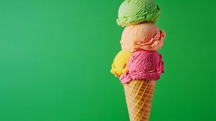 Triple-layered ice cream cone with colorful scoops in green background