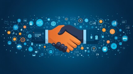 Business handshake with B2B text and icons on a blue background.