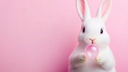 Canvas Print - A white rabbit with pink background holding a bubble, AI