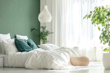 Sticker - Modern Interior Design of Cozy Bedroom with Mock Wall and Green Elements