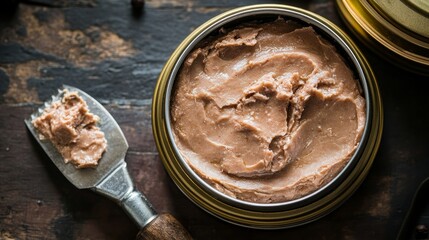 meat pate and opener in a can. opened the chicken liver pate-filled tin can.