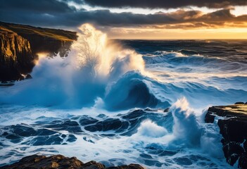 powerful waves crash dramatic rugged coastlines creating spectacular oceanic scenes, beach, surf, sea, water, landscape, shore, foam, tide, spray, cliff