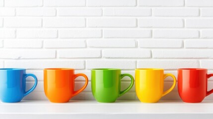 A row of colorful coffee mugs lined up on a shelf, AI