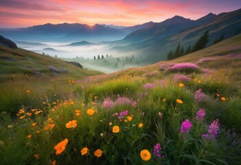 Wall Mural - vibrant fields dawn misty mountains background creating serene landscape, agriculture, nature, panorama, pasture, rural, scenery, sunrise, vegetation, view