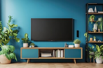 Poster - Modern Living Room with Television on Cabinet, Plants, and Books Against Blue Wall