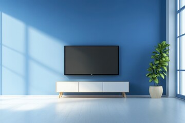 Poster - Modern Living Room Interior with TV Cabinet, Blue Walls, and Elegant Decor