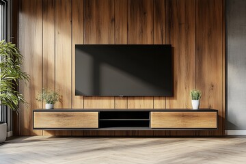 Sticker - Minimalist Living Room with Modern TV Cabinet against Wooden Wall Background