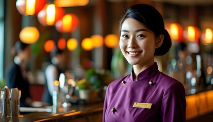 Wall Mural - Cheerful Asian Receptionist in Hotel with Inviting Warm Lighting