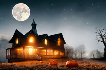 Haunted House with Pumpkins in Yard and Full Moon