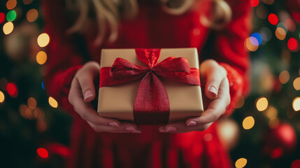 Wall Mural - young woman holding christmas gift box