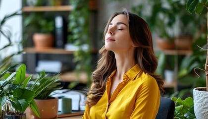 Sticker - Tranquil woman in yellow shirt enjoying a moment of relaxation at a modern office desk adorned with lush greenery