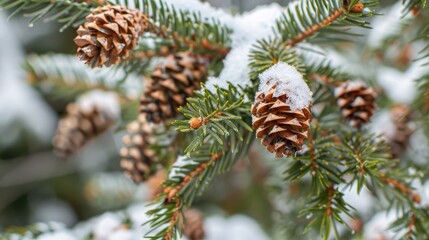 Wall Mural - Snow covered conifer twigs with tiny cones in macro shot