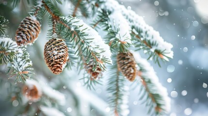 Wall Mural - Snow covered conifer twigs with tiny cones in macro shot