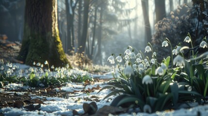 spring flowers blooming in snowy forest galanthus nivalis the earliest blooms
