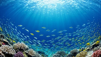 Wall Mural - A breathtaking underwater scene featuring a variety of colorful fish swimming around a vibrant coral reef. Sunlight filters through the water, highlighting the diverse marine life and stunning