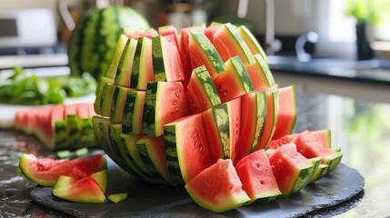 Wall Mural - Sliced seedless ripe watermelon in unique cuts