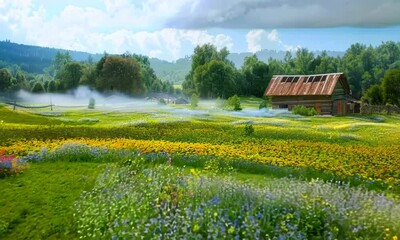 Wall Mural - Distant farmstead among fields of wildflowers, Video