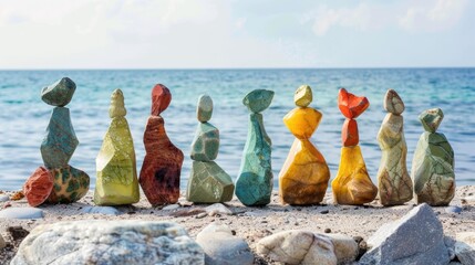 Symbolic depiction of joy voyage and relaxation with colorful stone sculptures on the beach