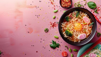 Wall Mural - Tasty ramen with rice noodles and veggies on colorful background top view Text space